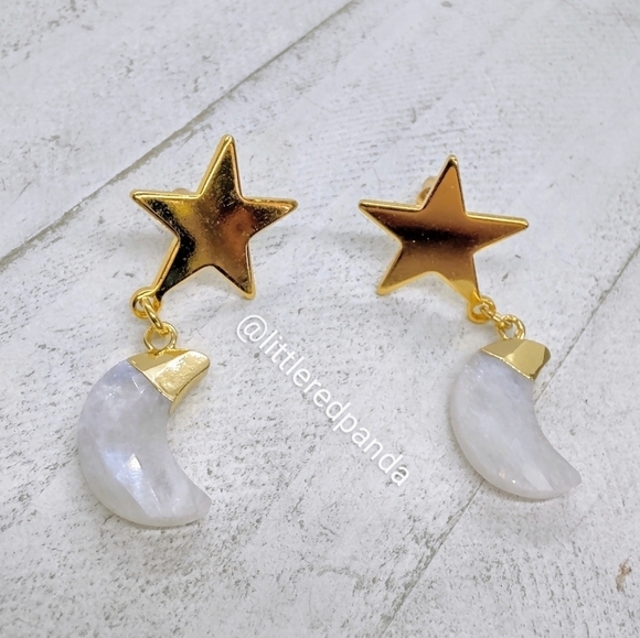 Moonstone star and moon earrings - Picture 4 of 5